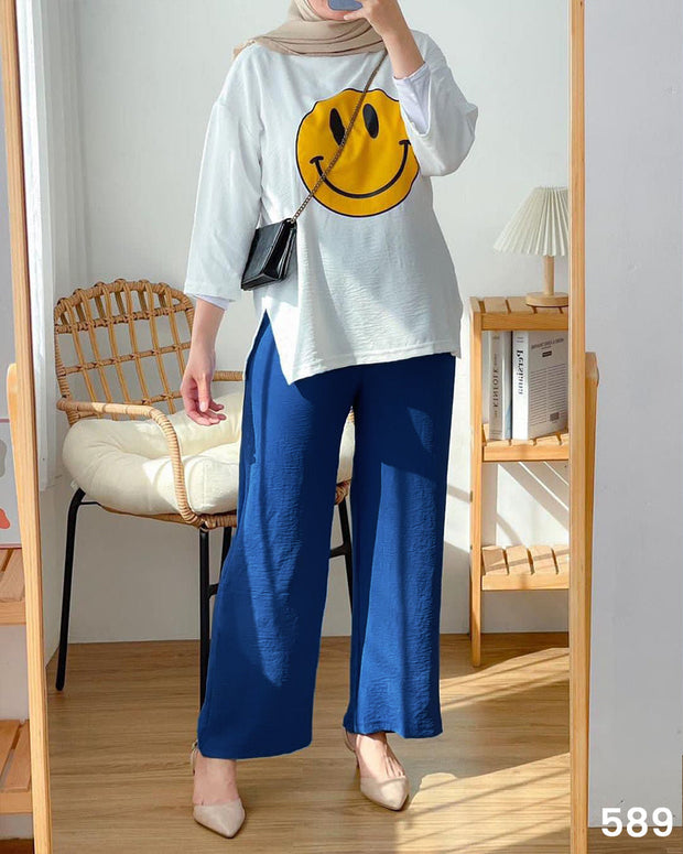 Smiley Tee & Plazo Set Dark Blue - 589