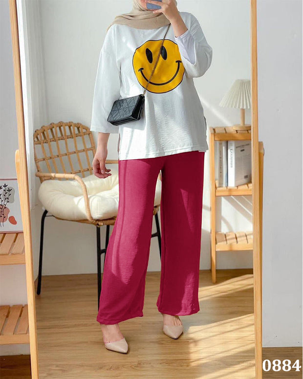 Smiley Tee & Plazo Set Pink - 0884