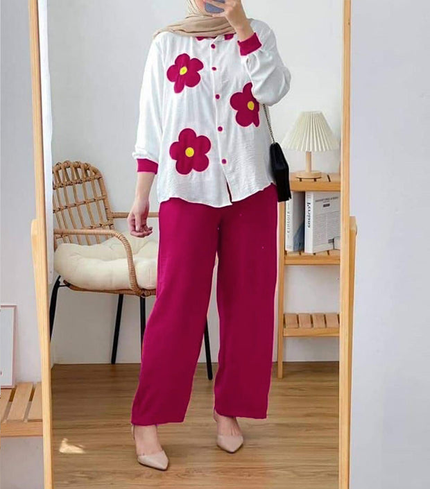 Flower Quarter Sleeved Linen Set