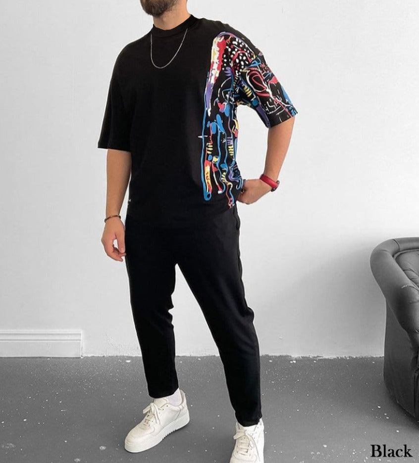 Mock Neck Half Paint T-Shirt - 50% Off