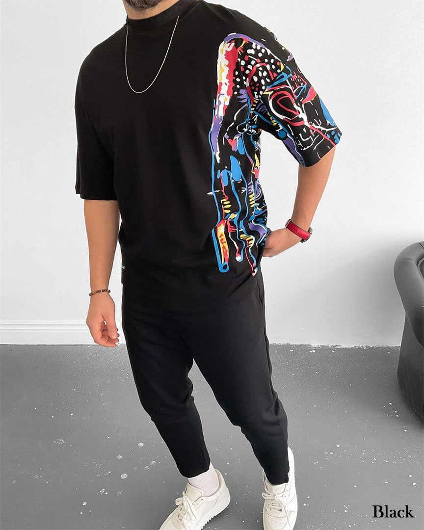 Mock Neck Half Paint T-Shirt - 50% Off