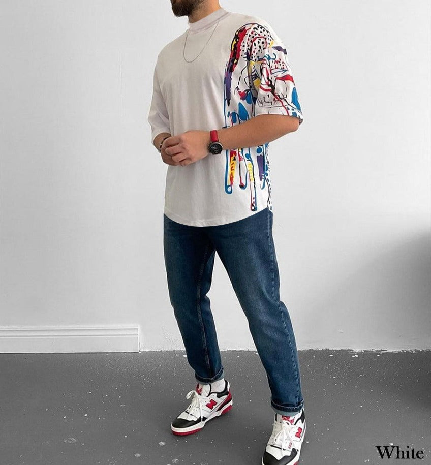 Mock Neck Half Paint T-Shirt - 50% Off