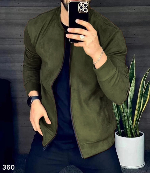 Faux Suede Leather Jacket - Olive