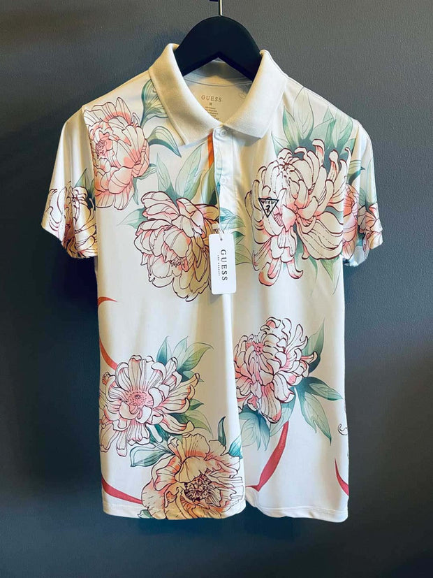 White Floral Polo Shirt